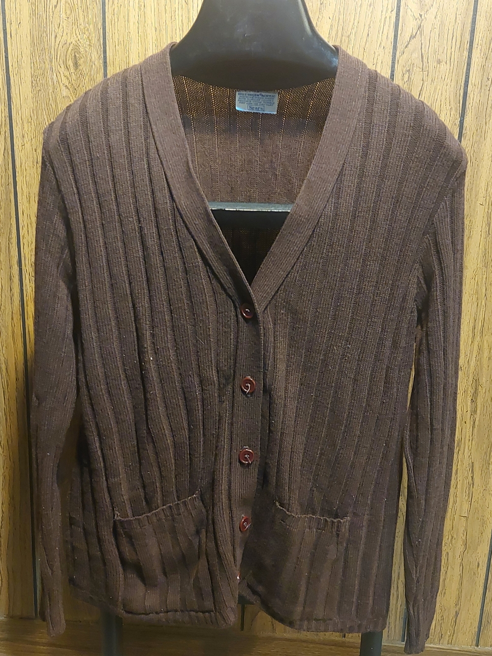Sears Men's Dark Brown Ribbed Button-Front Cardigan Granny Cobain